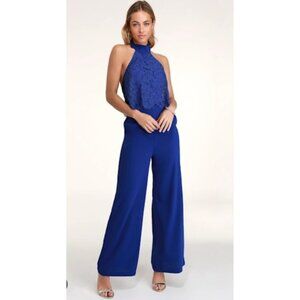 NWT Lulus Nightout Sapphire blue sleeveless pant Jumpsuit Lace bare back M 355